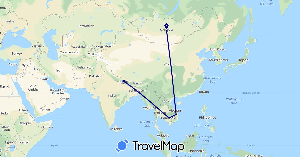 TravelMap itinerary: driving in Cambodia, Mongolia, Nepal, Thailand, Vietnam (Asia)